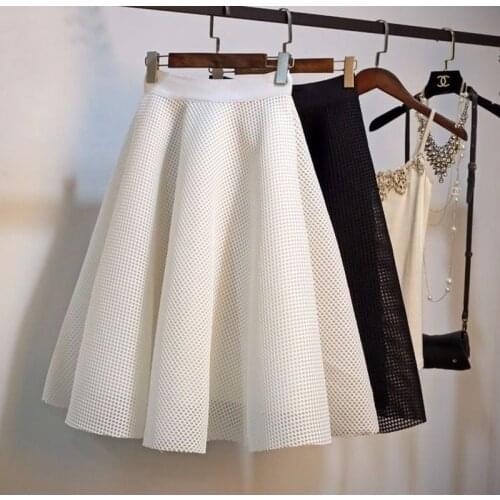 2020 New Fashion Hollow Out High Waist Women Skirts Korean Solid A-Line Female Skirt Elegant Vintage Faldas Mujer