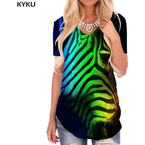 KYKU Stripe T Shirt Women Zebra Funny T shirts Colorful Tshirts Printed Rainbow V-neck Tshirt Womens Clothing Punk Rock Loose