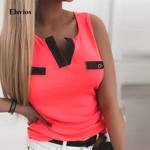2021 Women Summer Sleeveless Slim Blouse Fashion Sexy V Neck Tops Blusa Casual Female Button Patchwork Pullover Shirt Streetwear