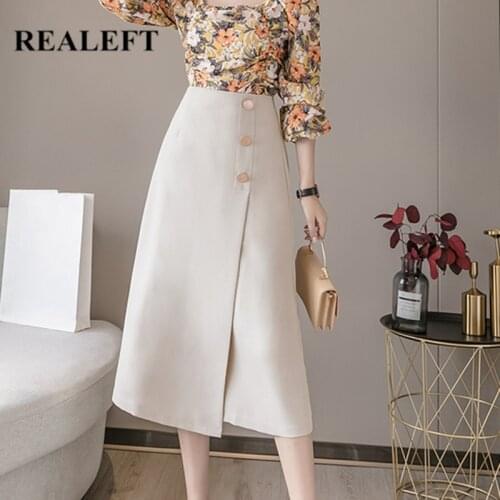 REALEFT Office Lady Skirts 2021 New Autumn Women Midi Skirts Front Cross Korean Style High Waist Button A-Line Skirts Female