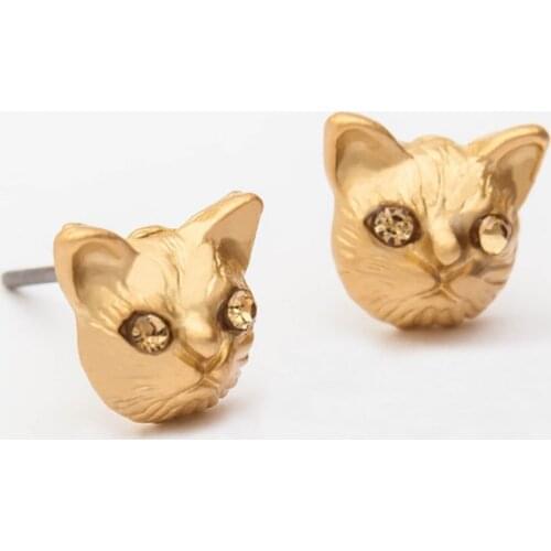 Romantic Sweet Rhinestone Cat Head Ear Stud Cute Lovely Tiny Animal Head Stud Earring Women Fashion Jewelry Accessories Gift