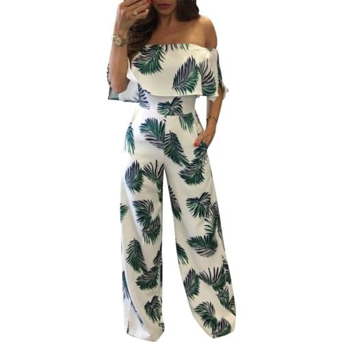 Women Off Shoulder Ruffles Wide Leg Jumpsuit Hot Sale Green Leaf Print Slash Neck One Piece Long Overalls Pockets Casual Romper