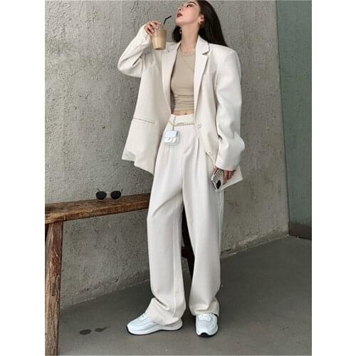 Office Lady Blazer Sets Loose Two Piece Set Women Korean Style High Waist Wide Leg Trousers Pants Suits Casual Suit Coat 2 Piece
