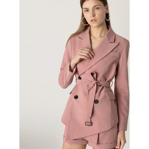 YIGELILA New Arrivals Pink Suits Turn-down Collar Full Sleeves With Belt Suits Office Lady Double Breasted Solid Suits 8298