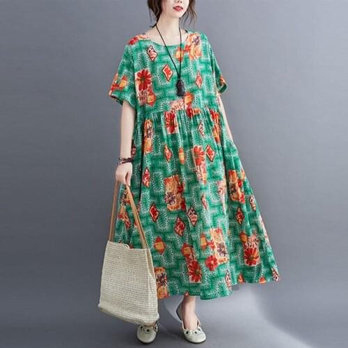 Oversized Women Cotton Linen Long Dress New Arrival 2021 Summer Vintage Style Floral Print Loose Female Casual Dresses S3042