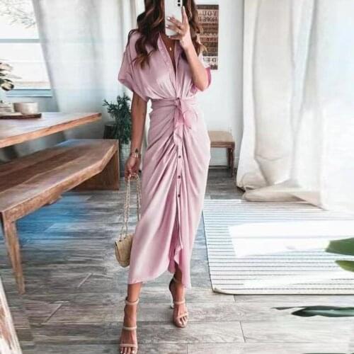 Summer Fashion Turn-down Collar Women Solid Long Dress Lady Elegant Button Office Shirt Dress Casual Short Sleeve Spring Dresses