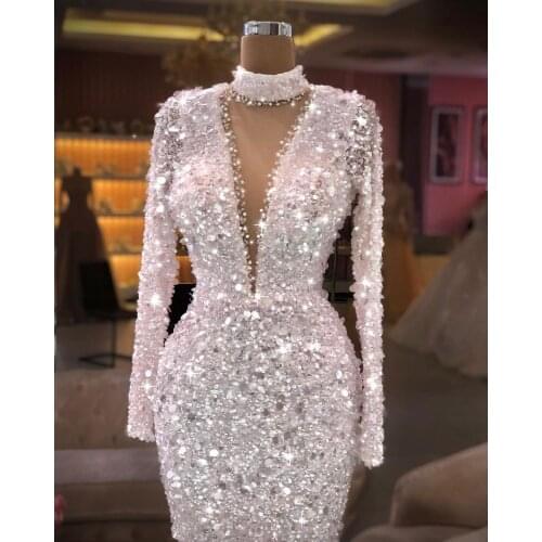 White Sequin Evening Gowns Long Sleeves High Neck Beading Mermaid Dinner Dress for Women Prom Party Wear robe femme soiree
