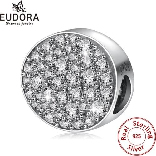 EUDORA Authentic 925 Sterling Silver Crystal Clear CZ elliptical Shape Beads fit Charm Bracelet Necklaces DIY Fine jewelry Z105
