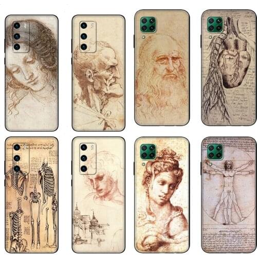 Black tpu Case For Huawei P30 Lite P30 Pro P40 Case For Huawei P40 LITE E P Smart 2020 Case Cover Italy leonardo da vinci art