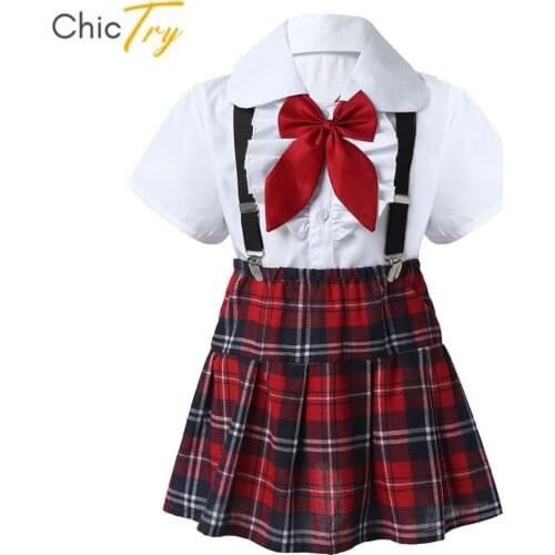 Kids Girls Dance Performance Suit Short Sleeve Shirt Tops Suspenders Plaid Skirt Student School Uniforms Children Choir Costumes