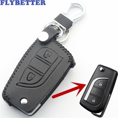 FLYBETTER Genuine Leather 2Button Flip Key Case Cover For Toyota Levin/Corolla/Rav4/Vios/Camry/Highlander Car Styling L44