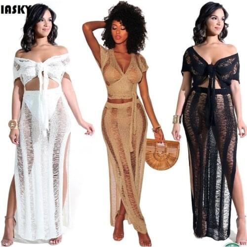 IASKY 2PCS/Set Sexy Crochet Beach Cover Up Hollow Out Knitted Tassel Beachwear Swimsuit Swimwear Cover Ups Beach Dress