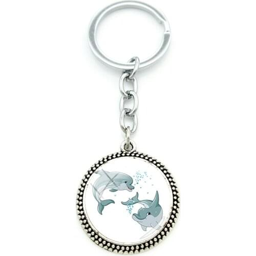 JWEIJIAO Cartoon Dolphin Fashion Pattern New Cabochon Glass Pendant Keychain Round Glass Gemstone Keychain Metal Jewelry Daily
