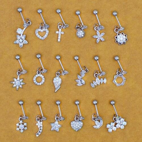 2PCS Flower Heart Back And Barbell With Crystal Cz Pendant Helix Cartilage Tragus Dangle Earring Ear Piercing Jewelry