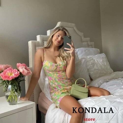 KONDALA Women Dress Za Fashion 2021 Vintage Floral Print Strapless Dress Party Mini Sheath Dresses Female Sexy Chic Vestidos