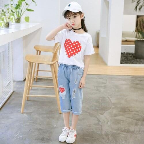 Kids girls 2pcs summer suit letters printed short-sleeved T-shirt + jeans pant new big virgin suit 4-12 years old