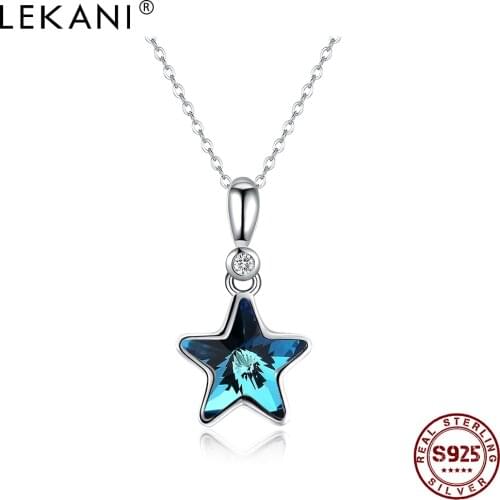 LEKANI Womens Necklace 925 Sterling Silver Shining Star Pendant Necklaces Blue Austria Crystal Simple Party Fine Jewelry Best
