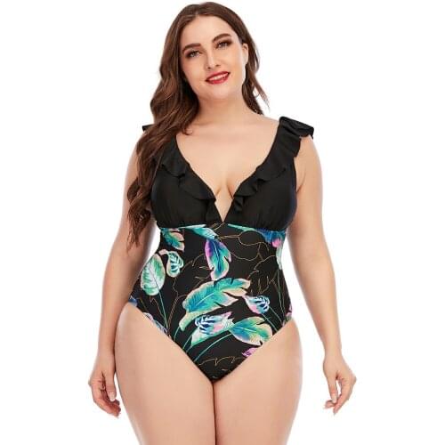 2020 New Large Size One Piece Swimsuit Fattening One Piece Printing Color Matching Ruffle Swimsuit Swimsuit Plus Size