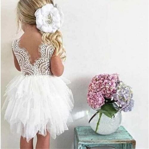 White Baby Girls Princess Dress Toddler Kids Flower Lace Backless Wedding Birthday Tutu Cake Layers Gown Children Summer Clothes