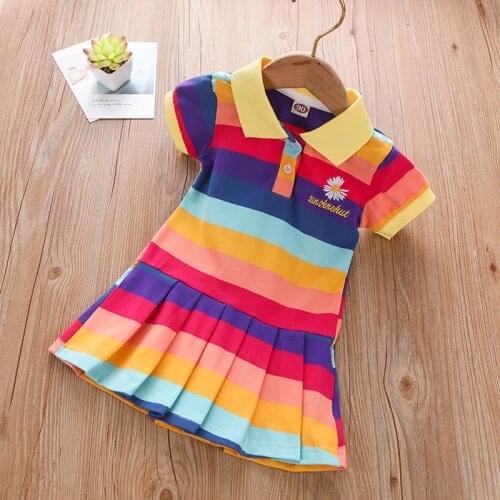 Girls Rainbow Pleated Dress Spring Summer Turn-Down Collar Kids Clothes Fashion Baby Girls Polo Clothing