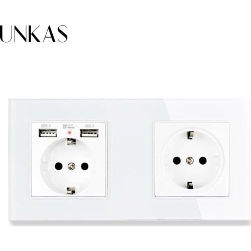 UNKAS 2 Gang EU Standard Wall Socket luxury Crystal Glass Panel With 2 USB Charge Port Hidden Soft LED Indicator