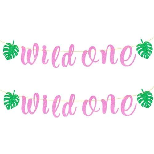 Pink Glittery Wild One Banners for Jungle Animal Themed Girls First Birthday Baby Shower Party Supplies Decorations