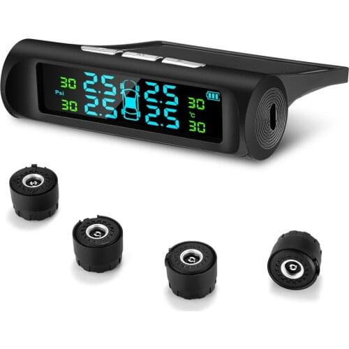 Solar Charging Car TPMS Tire Pressure Monitoring System HD Digital LCD Display Auto Alarms Wireless With 4 External Sensors TPMS