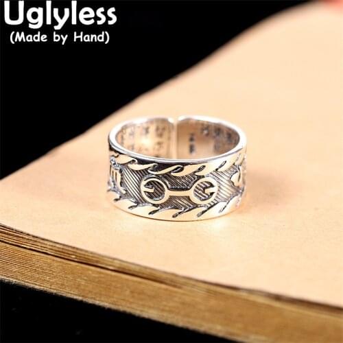 Uglyless Solid Ag999 Pure Silver Wide Rings for Women Buddhism 6 Words Mantra Rings Thai Silver Vintage Jewelry Heart Sutra Ring