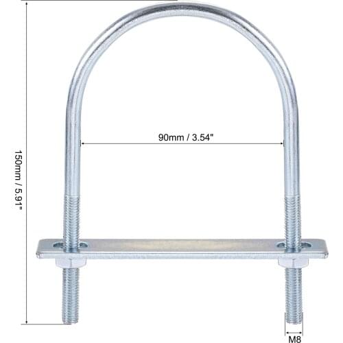 Uxcell Round U-Bolt 3.54"(90mm) Inner Width 150mm Length Steel M8 with Nut, Plate 1 Set