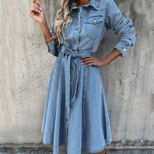 Vintage Denim Mini Dress Women Long Sleeve Turn Down Collar Button Tied Dress Female Autumn Slim Fit Jeans Dresses Vestidos 2021