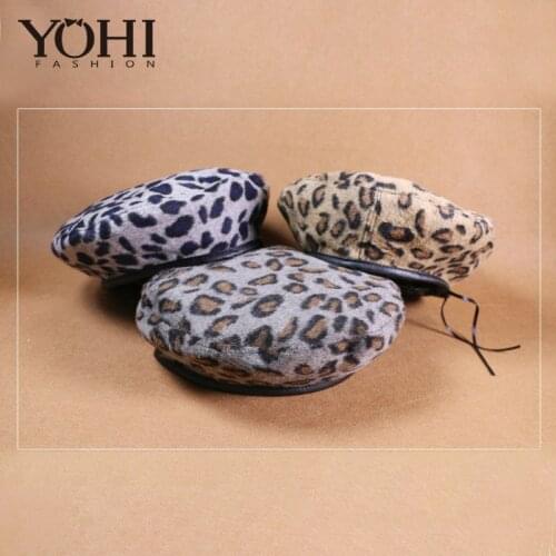 YOHI New fashion Womens autumn and winter new leopard beret outdoor woolen octagonal cap