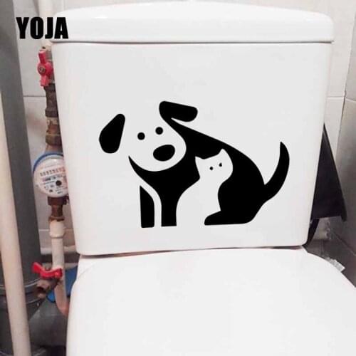 YOJA 23.7X15.8CM Cute Dog And Cat Toilet Seat Sticker Living Bedroom Home Wall Decal Decor T5-0168