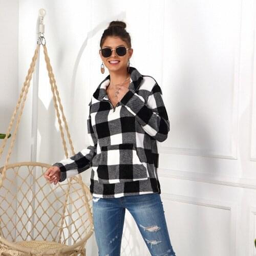 Autumn Winter 2021 Women Hoodies Sweatshirt High Collar Lapel Long Sleeve Plaid Femal Pullover Fashion Casual No Hat Woman Top