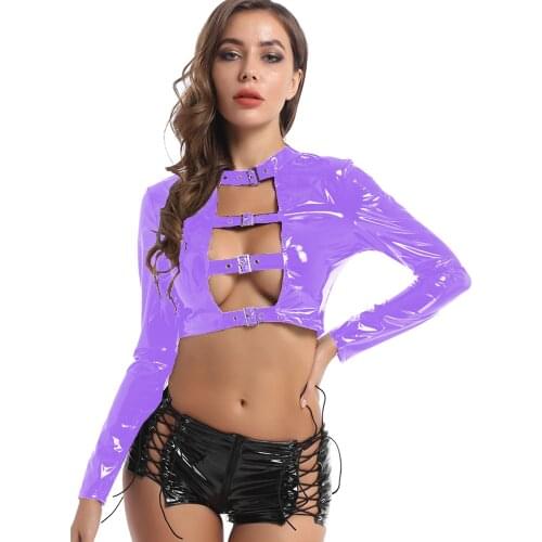 Women Faux Leather Sexy Crop Tops Hollow Out Buckle Long Sleeve Female Bodycon Tops Gothic Punk Tops Streetwear Party Lady Tee