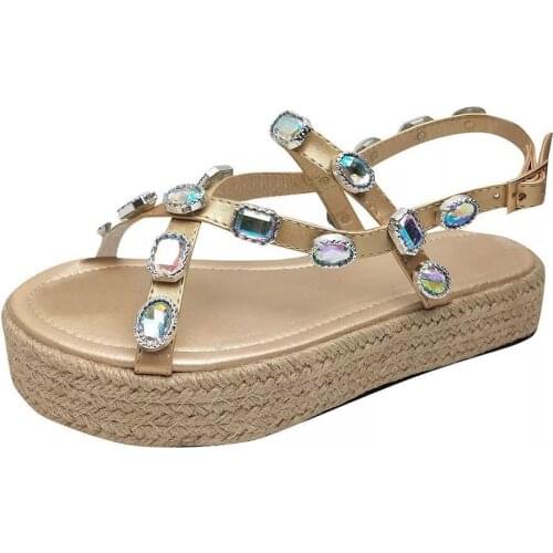 Women Rhinestone Sandals Women Platform Heels Flat Inhemp Sole Back Strap Buckle Fashion Beach Ladies Shoes Zapatos De Mujer