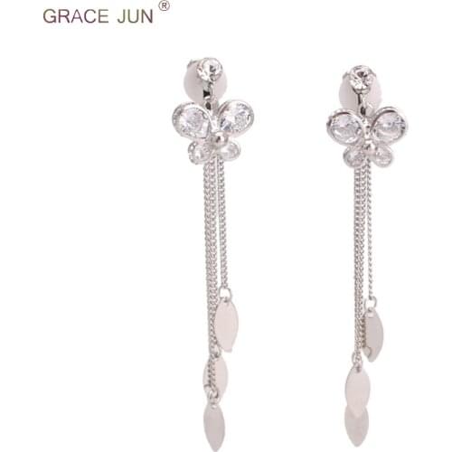 2018 New style cubic zircona butterfly shape clip on earrings no pierced for women party prom long tassel leaf pierced earrings
