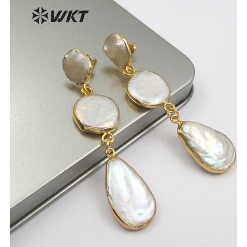 WKT WT-E491 New Arrival Classic Style High Quality Natural Freshwater Pearl Ladies Earrings Round And Drop Shape About 65mm