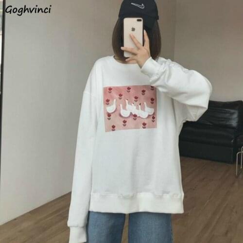 No Hat Anime Hoodies Women Casual White All-match O-neck Sweatshirts Korean Style Students Kawaii Printed Loose Female Tops Chic