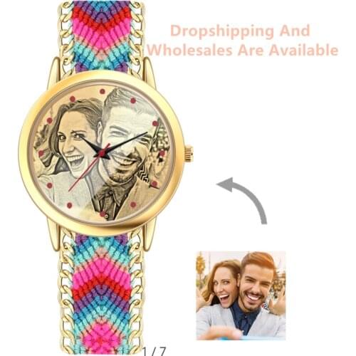 Womens Gold Photo Engraved Watch Braided Color Rope Strap 40mm,Personalized Photo Watch,Custom Photo Watch,Personalized Custom