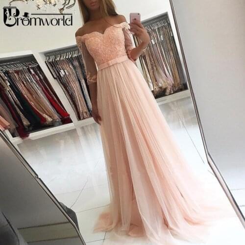 Off the Shoulder Pink Prom Dresses 2020 A-Line Lace Chiffon Party Maxys Prom Gown Half Sleeve Evening Dresses Robe De Soiree