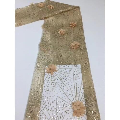 Gold 2021 Latest 3D Flower Tulle Lace Fabric with Sequins High Quality French African Mesh Lace Fabric Party HXZ4975