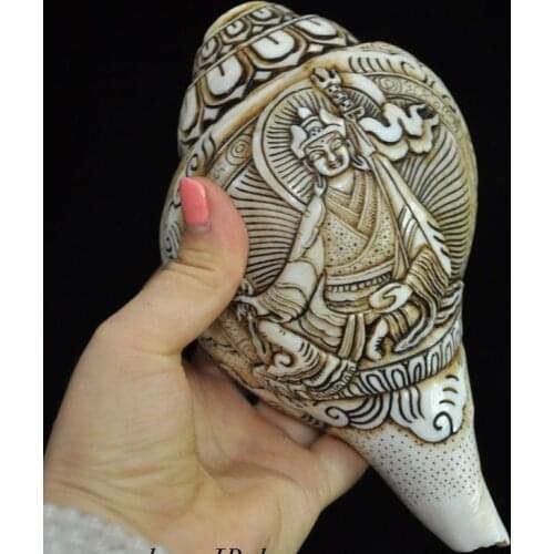 7"Tibet Shell Carved Padmasambhava Guru Rinpoche Statue conch Horn Trumpet Bugle
