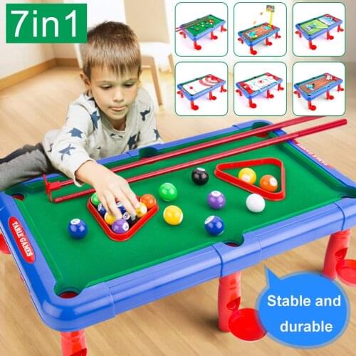 7 In 1 Set Childrens Mini Pool Table Multi-function Billiards Tabletop Curling Basketball Golf Bowling Machine Tables Game Toys