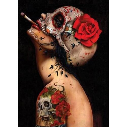 5D DIY diamond painting Skull tattoo, Smoking beauty Full Drill Embroidery Cross Stitch Mosaic Craft Kits Home Decor Christmas