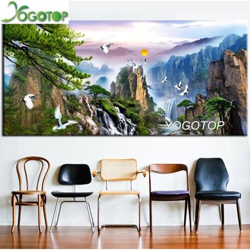 High mountain waterfall DIY 5D Diamond Embroidery Mosaic Full Diamond Painting large size bird natural scenery pine tree YY3340
