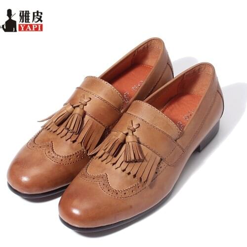 Retro Mens Genuine Leather Tassel Brogue Shoes Man Casual Fringe Wing Tips Oxfords Driving Loafers