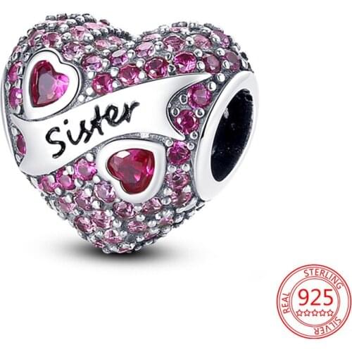 New Sterling Silver 925 Fine Pink Zircon Pavé Heart Charm Beads DIY Fashion Jewelry Fit Original Pandora Bracelet for Women Gift
