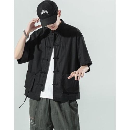 Men Chinese Style Zen Tea Denim Shirts Tang Suit Retro Casual Qipao Tops Kung Fu Blouse Coat Japanese Streetwear Jackets 30193