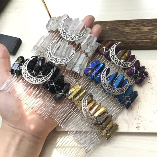 Silvery Moon Wire Wrapped Raw Quartz Point Hair Combs,Reiki Crystal Party Bridal Witchcraft Women Tiara Hairband Jewelry QC5033