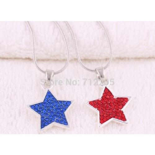 Fashion silver plated blue or red crystal stars pendant with snake chain necklace